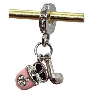 Pink Headphones 3D Dangle Charm Bracelet Rhinestone Silver Case + Earphone Gift